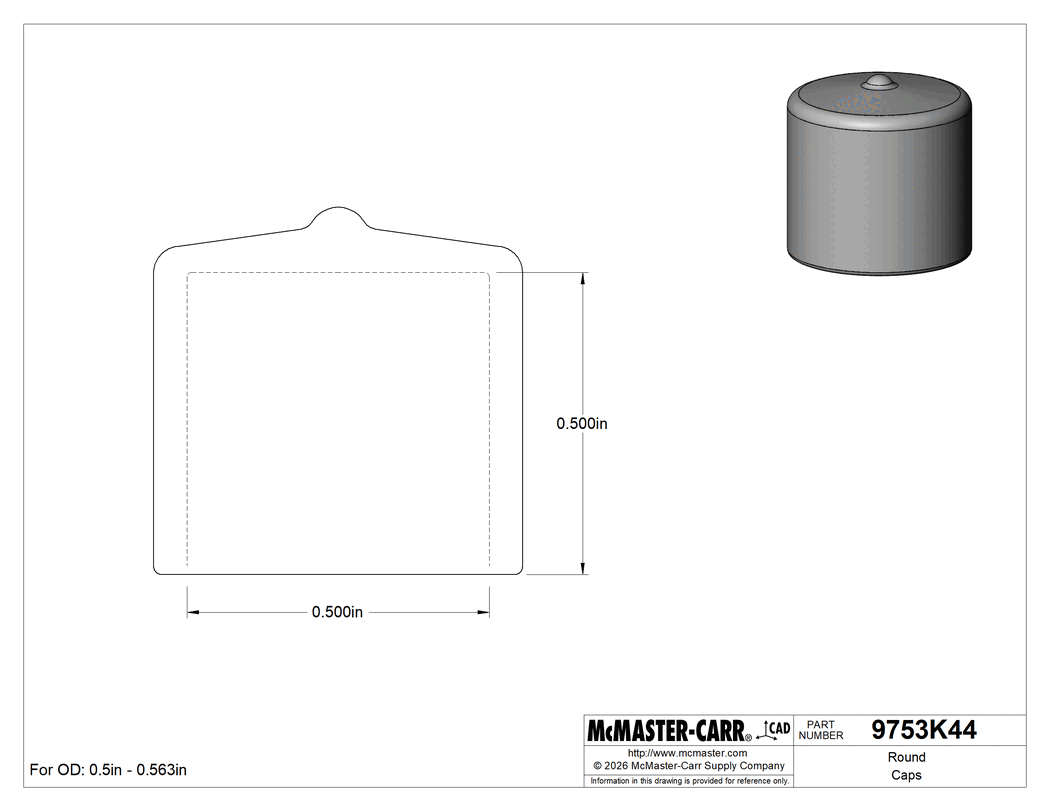 Technical Drawing of Round Caps, for 1/2" to 9/16" OD, 1/2" Inside Height, Black.